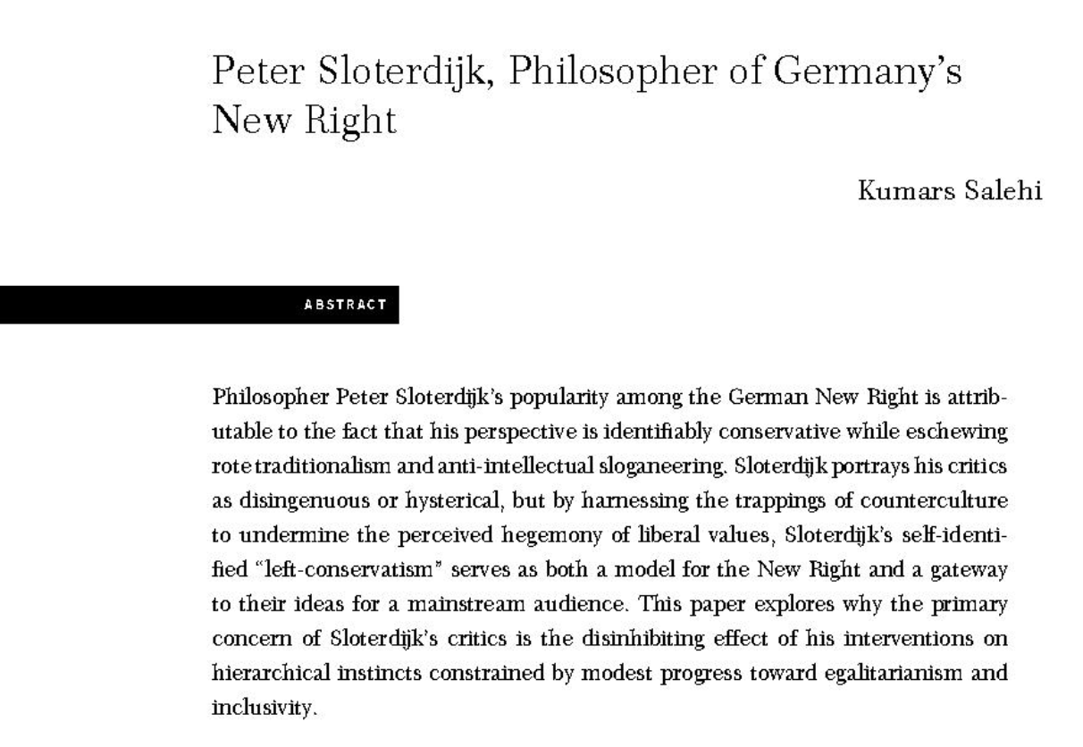 Kumars Salehi, “Peter Sloterdijk, Philosopher of Germany's New Right” Kumars Salehi, “Peter Sloterdijk, Philosopher of Germany's New Right”